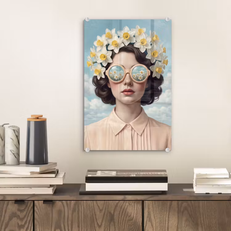 Glas schilderij - Vrouw - Narcissen - Geel — 2