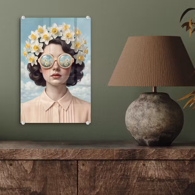 Glas schilderij - Vrouw - Narcissen - Geel — 4