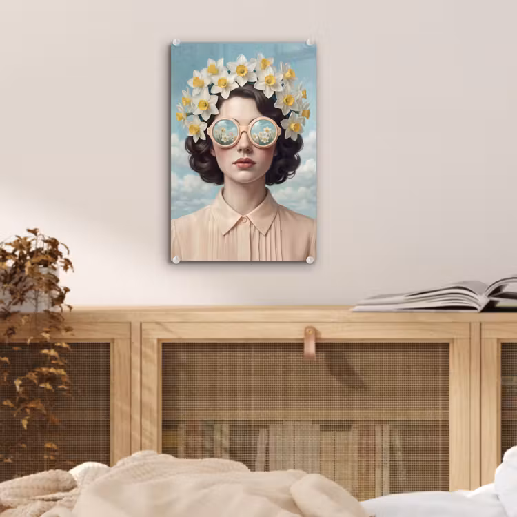 Glas schilderij - Vrouw - Narcissen - Geel — 5