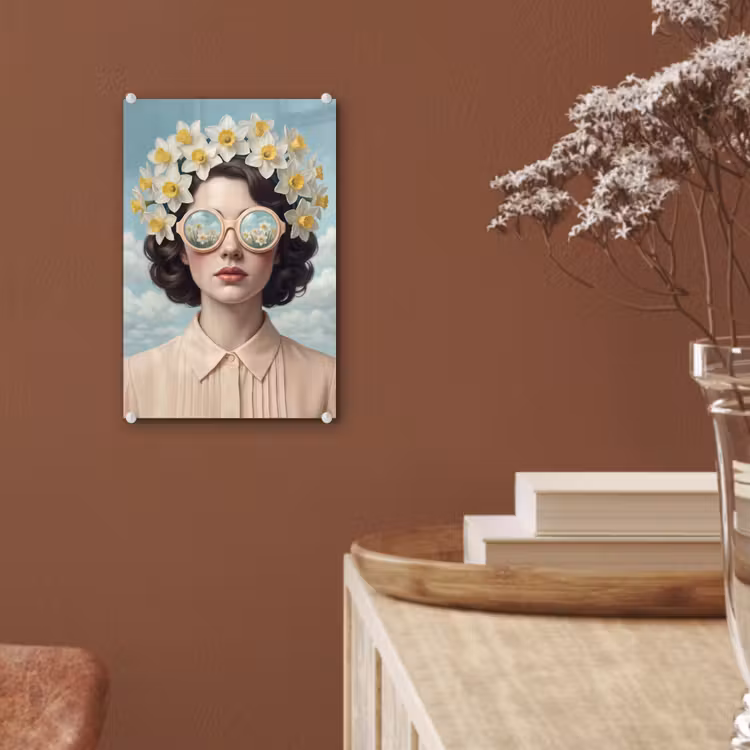 Glas schilderij - Vrouw - Narcissen - Geel — 6