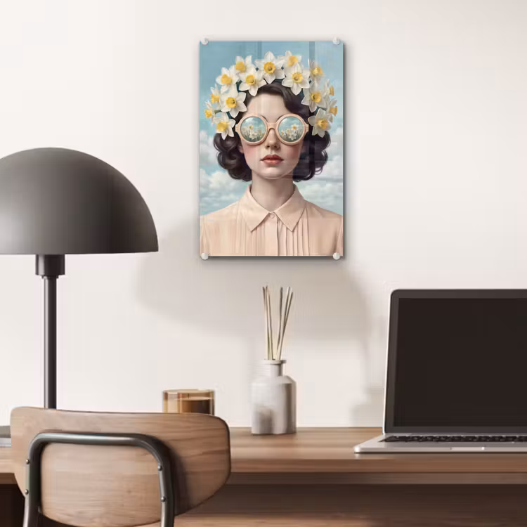 Glas schilderij - Vrouw - Narcissen - Geel — 7