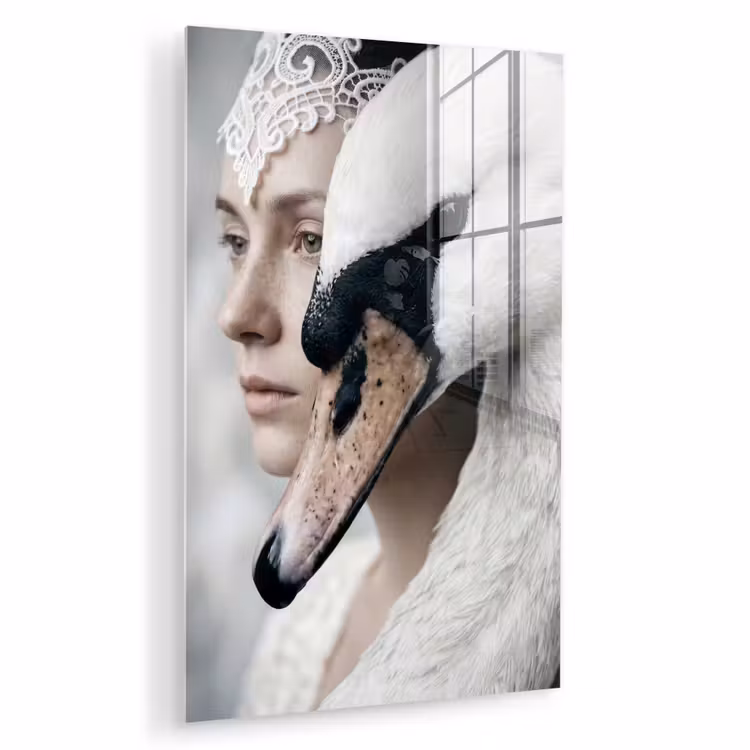 Glas schilderij - Vrouw - Zwaan - Wit — 1