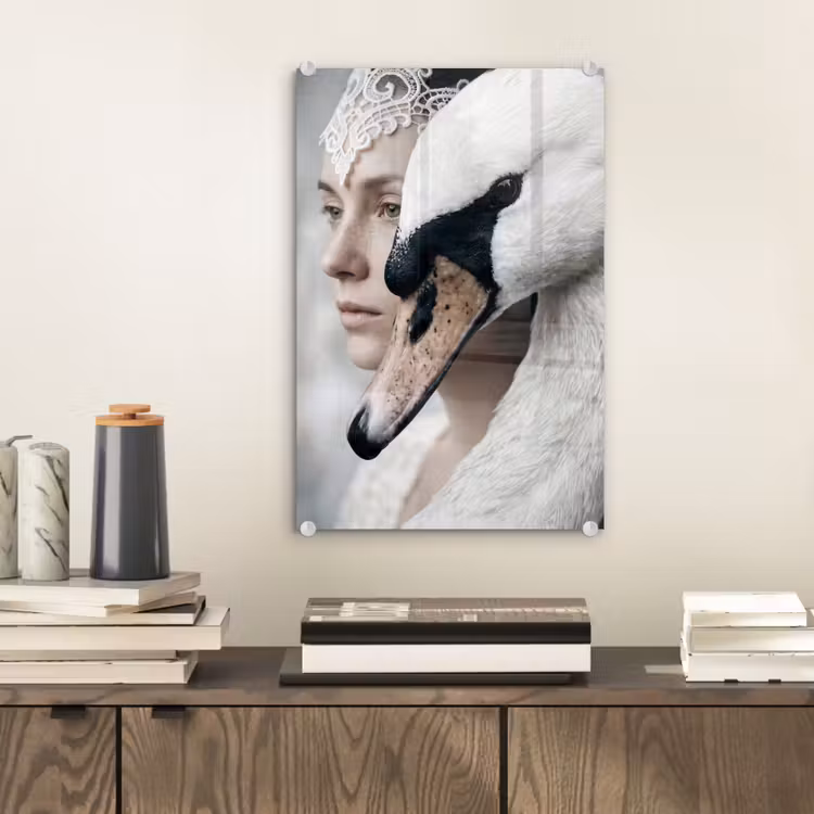 Glas schilderij - Vrouw - Zwaan - Wit — 2