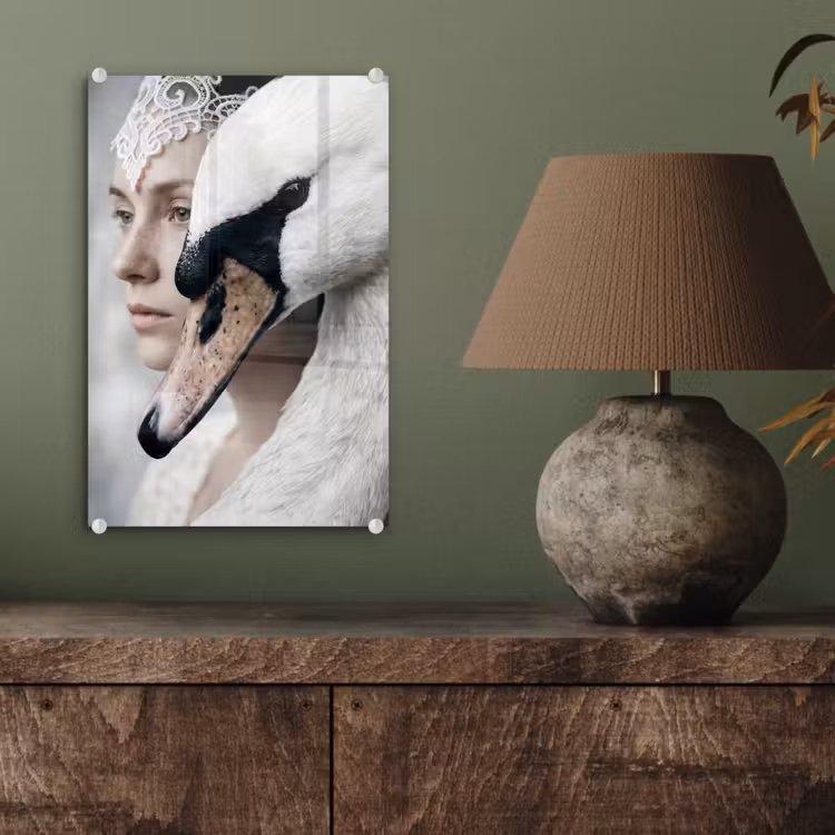 Glas schilderij - Vrouw - Zwaan - Wit — 4