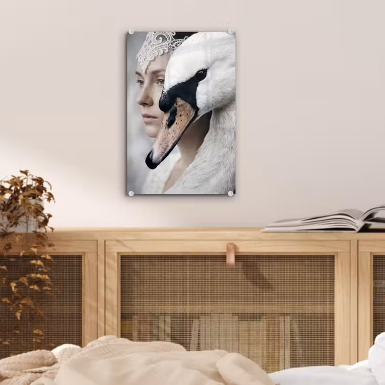 Glas schilderij - Vrouw - Zwaan - Wit — 5