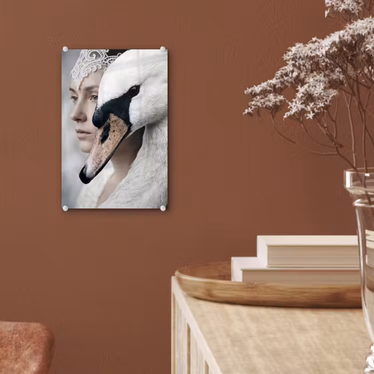 Glas schilderij - Vrouw - Zwaan - Wit — 6