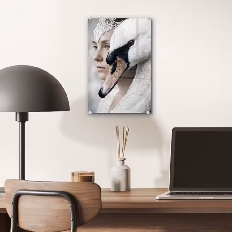 Glas schilderij - Vrouw - Zwaan - Wit — 7