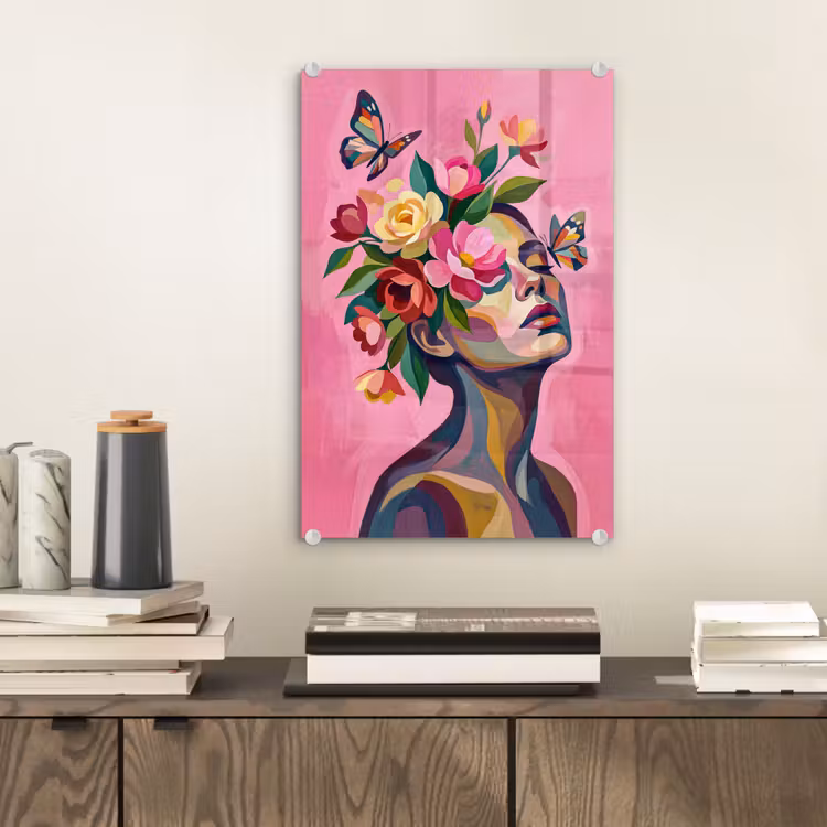 Glas schilderij - Vrouwengezicht - Vlinders - Kleurrijk — 2