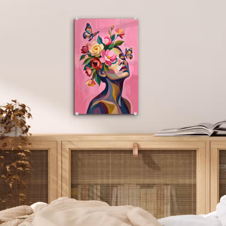 Glas schilderij - Vrouwengezicht - Vlinders - Kleurrijk — 5