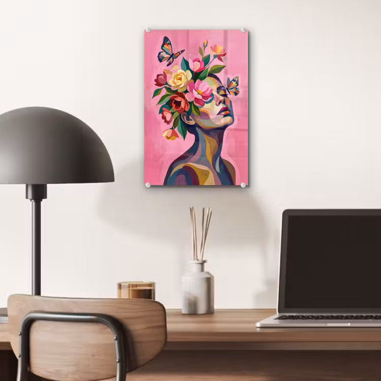 Glas schilderij - Vrouwengezicht - Vlinders - Kleurrijk — 7