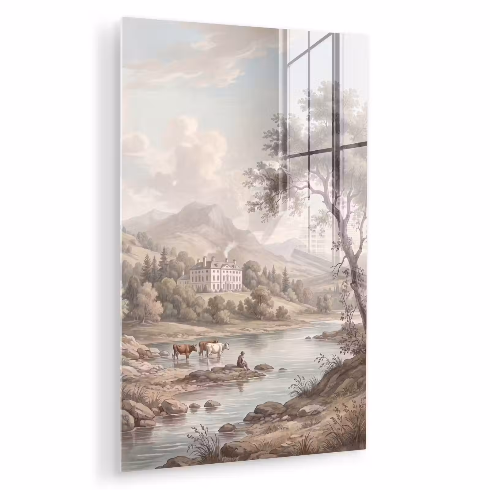 Glas schilderij - Landhuis - Rivier - Vee — 1