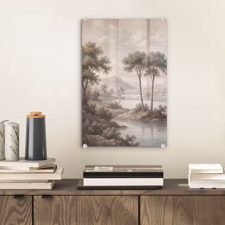 Glas schilderij - Bomen - Meer - Bergen - Illustratie — 2