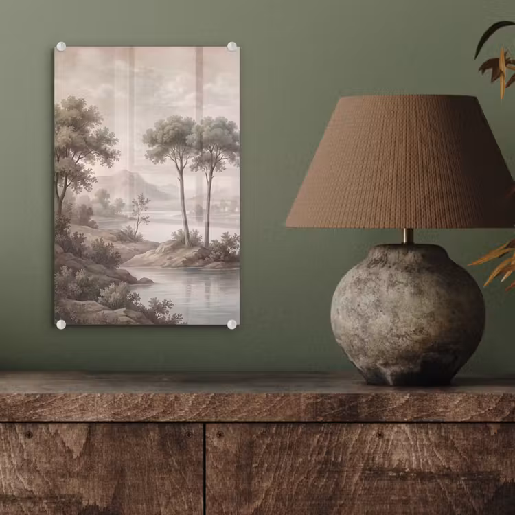 Glas schilderij - Bomen - Meer - Bergen - Illustratie — 4