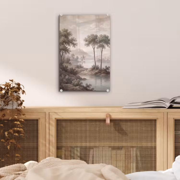Glas schilderij - Bomen - Meer - Bergen - Illustratie — 5