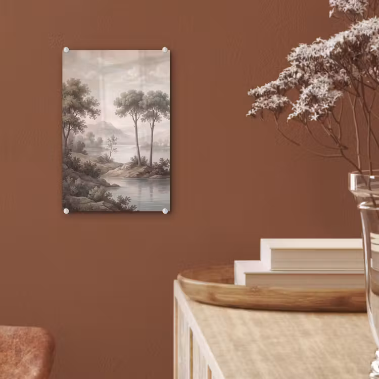 Glas schilderij - Bomen - Meer - Bergen - Illustratie — 6