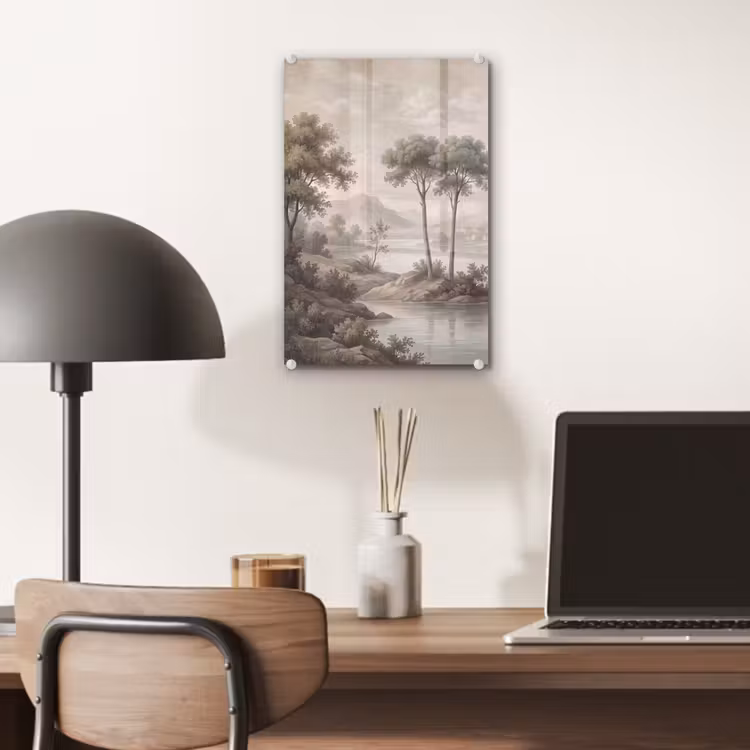 Glas schilderij - Bomen - Meer - Bergen - Illustratie — 7