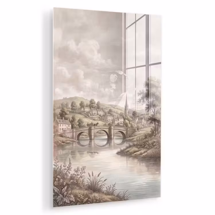 Glas schilderij - Dorp - Brug - Uitzicht - Groen — 1