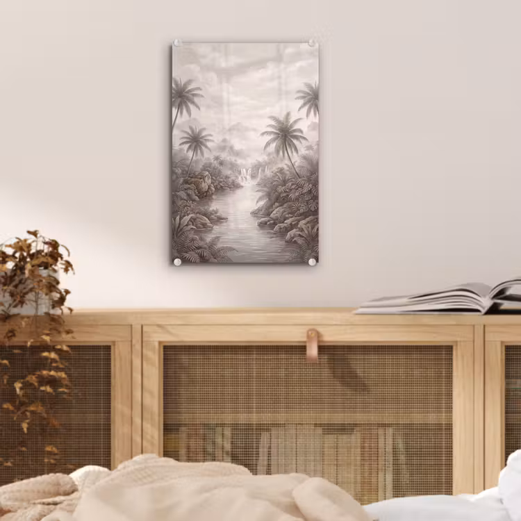 Glas schilderij - Jungle - Watervallen - Tropisch - Illustratie — 5