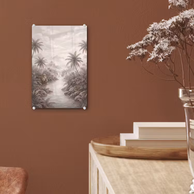 Glas schilderij - Jungle - Watervallen - Tropisch - Illustratie — 6