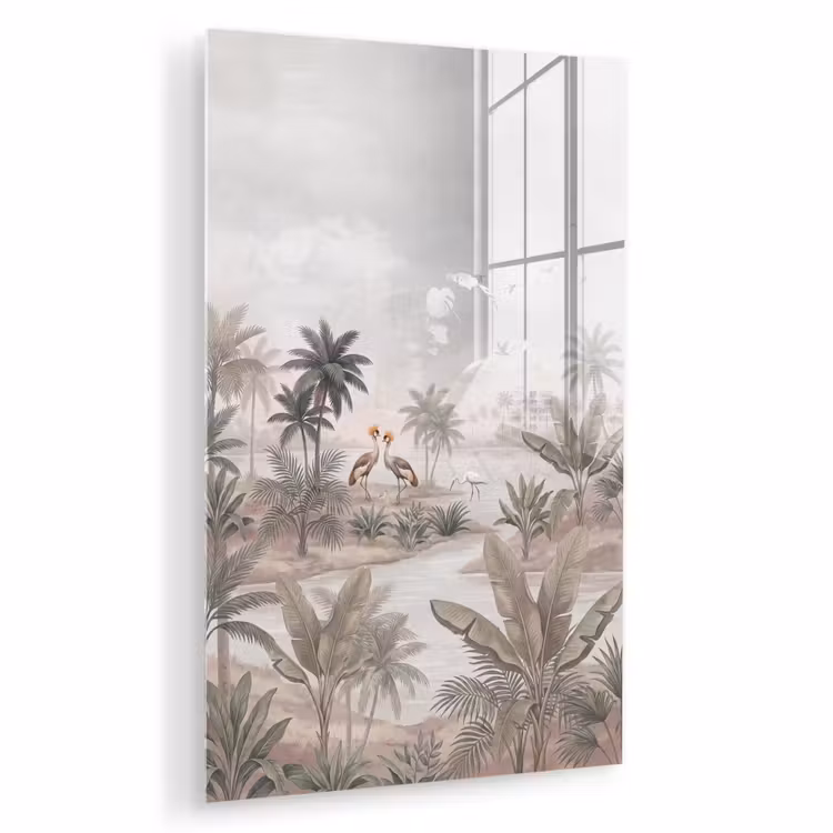 Glas schilderij - Kraanvogels - Palmbomen - Tropisch — 1