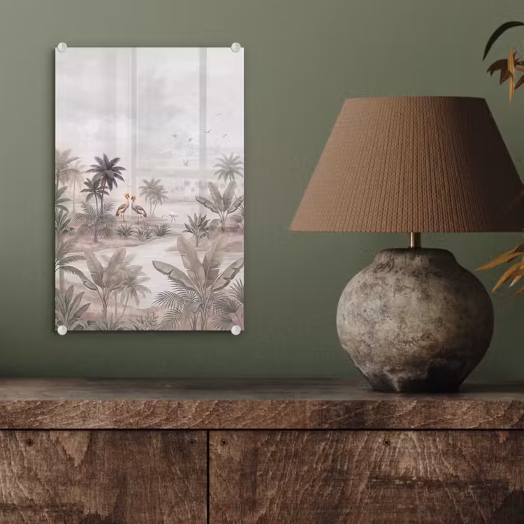 Glas schilderij - Kraanvogels - Palmbomen - Tropisch — 4
