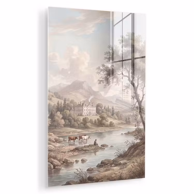 Glas schilderij - Landhuis - Rivier - Vee — 1