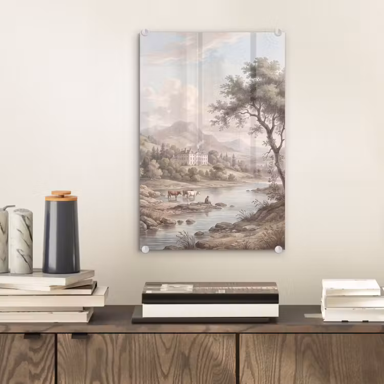 Glas schilderij - Landhuis - Rivier - Vee — 2