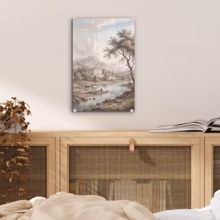 Glas schilderij - Landhuis - Rivier - Vee — 5