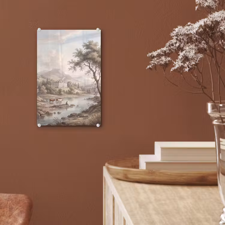 Glas schilderij - Landhuis - Rivier - Vee — 6