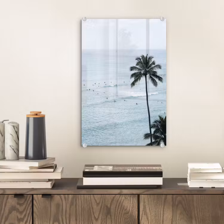Glas schilderij - Oceaan - Palmbomen - Surfers — 2