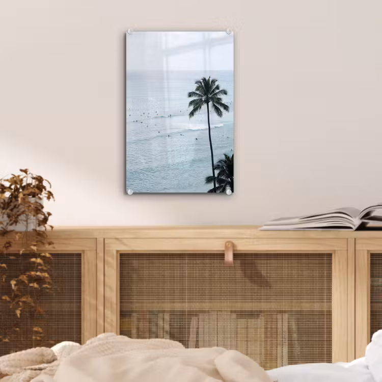 Glas schilderij - Oceaan - Palmbomen - Surfers — 5