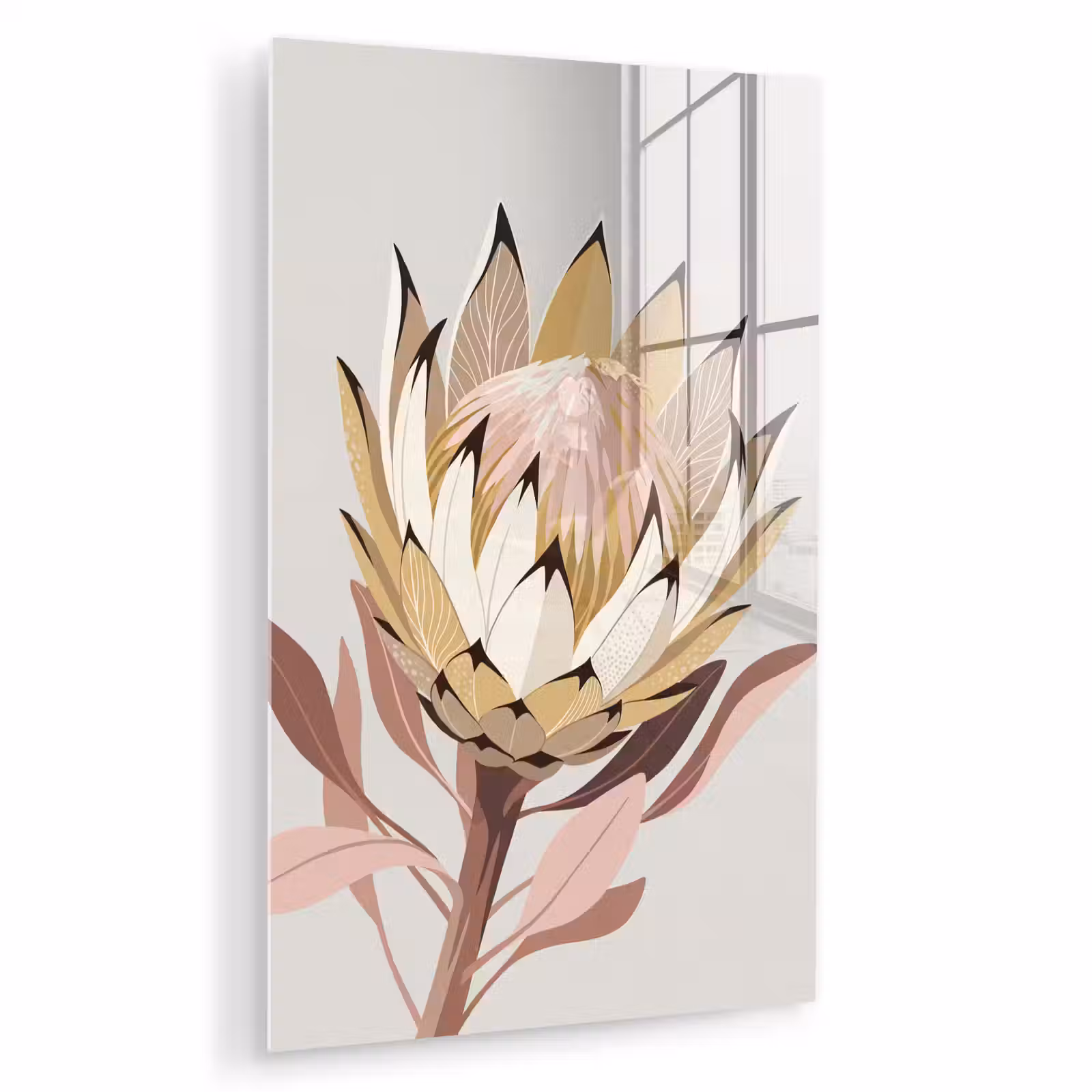 Glas schilderij - Protea - Bloem - Botanisch - Beige — 1