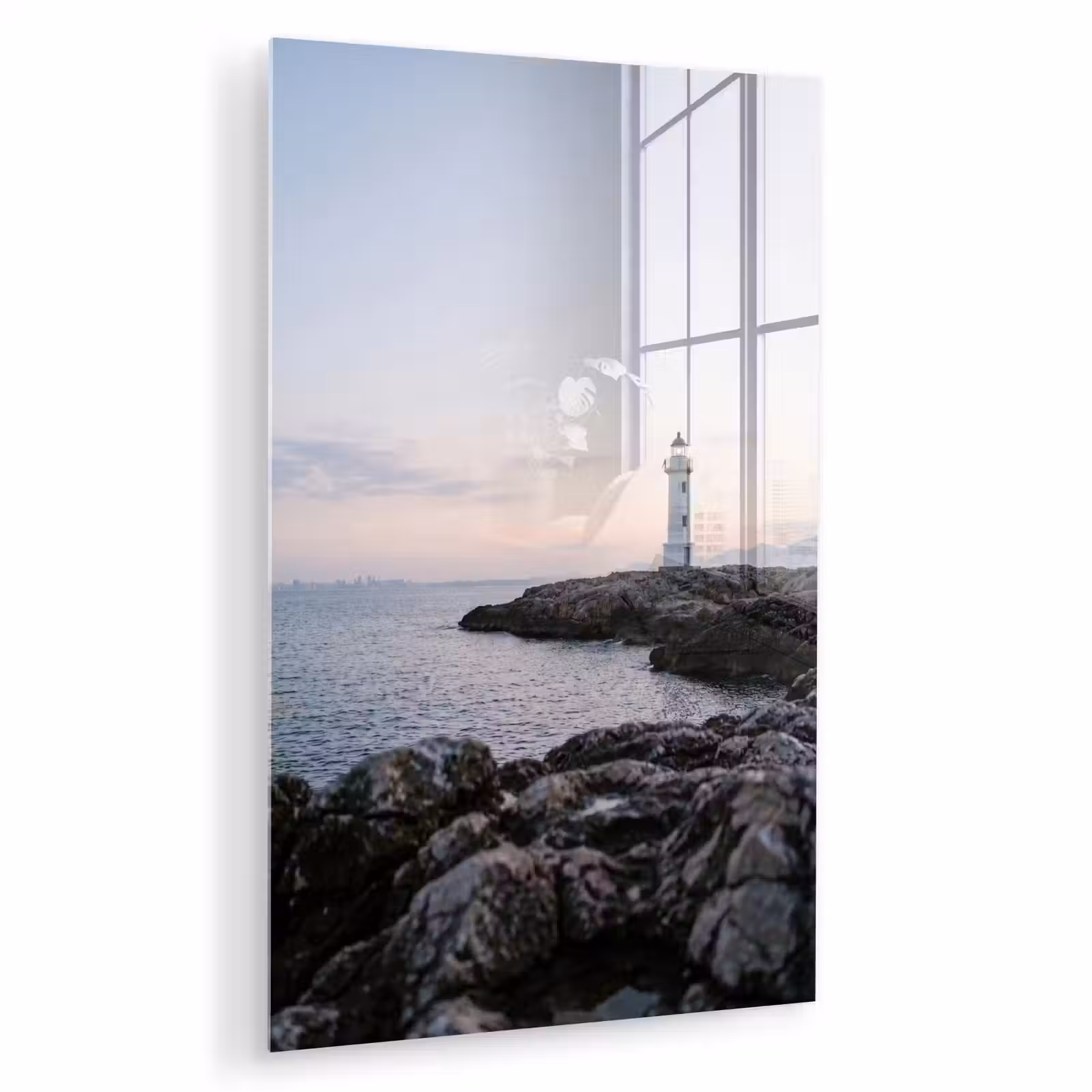 Glas schilderij - Rotsen - Vuurtoren - Wit — 1