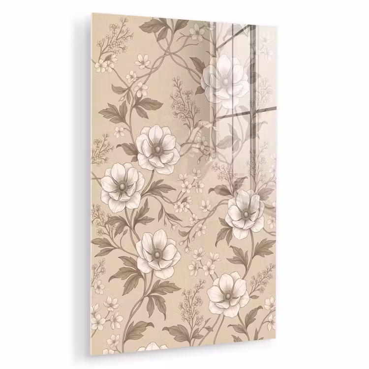 Glas schilderij - Bloemen - Patroon - Beige — 1