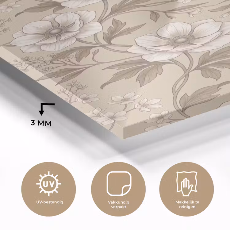Glas schilderij - Bloemen - Patroon - Beige — 3