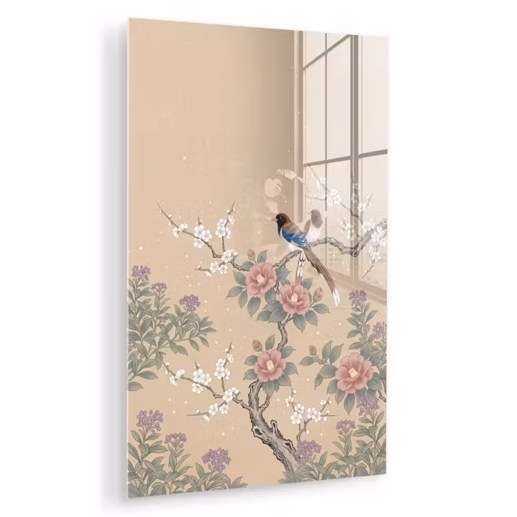 Glas schilderij - Bloemen - Vogels - Bloemen — 1