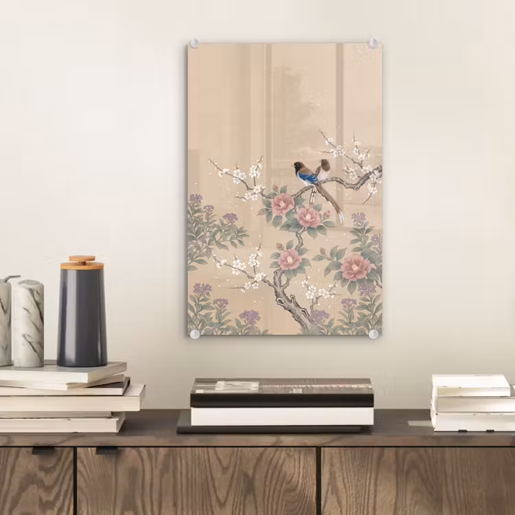 Glas schilderij - Bloemen - Vogels - Bloemen — 2