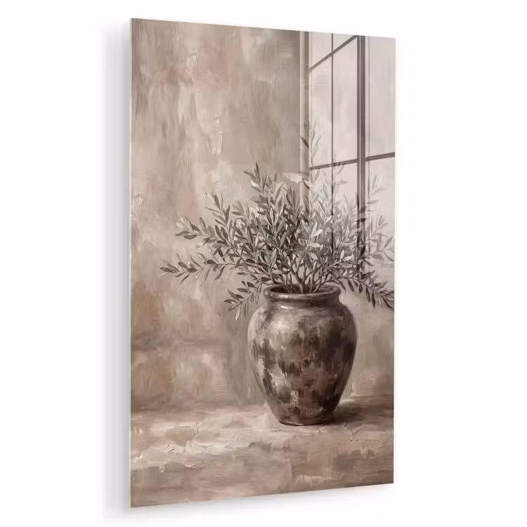 Glas schilderij - Olijfplant - Aardenpot - Abstract - Beige — 1