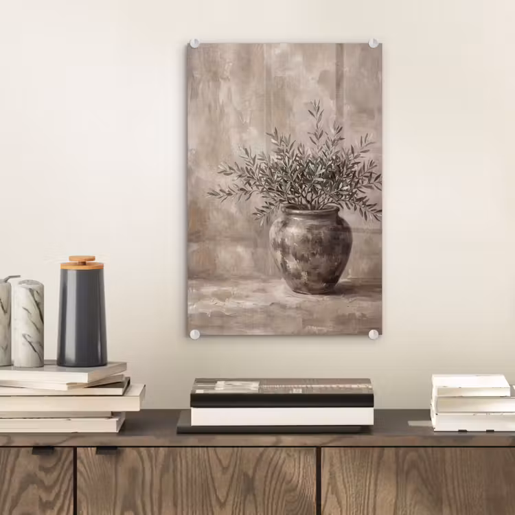 Glas schilderij - Olijfplant - Aardenpot - Abstract - Beige — 2