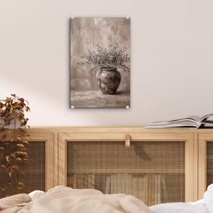 Glas schilderij - Olijfplant - Aardenpot - Abstract - Beige — 5