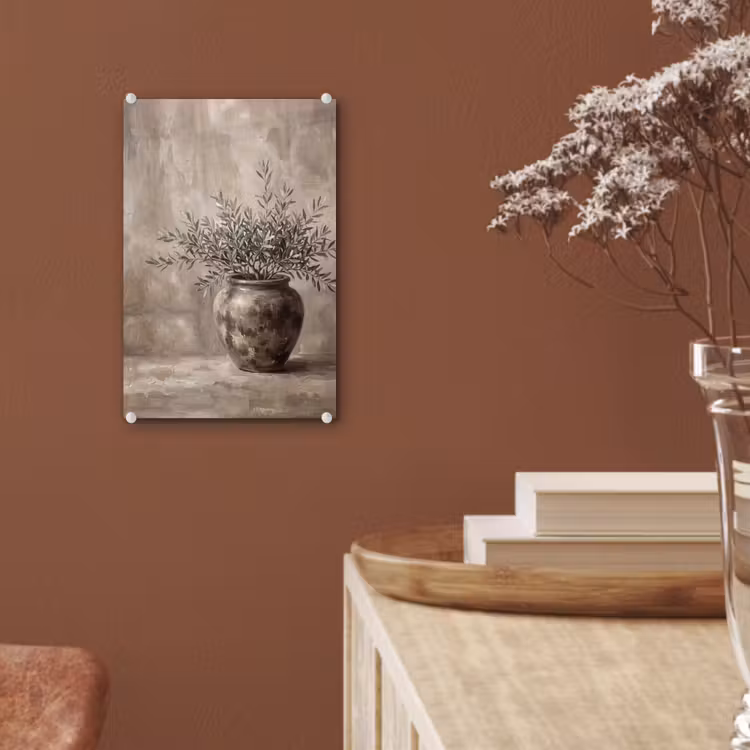 Glas schilderij - Olijfplant - Aardenpot - Abstract - Beige — 6