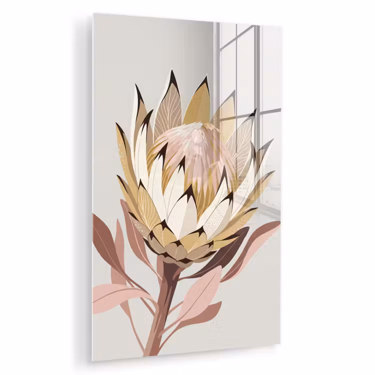 Glas schilderij - Protea - Bloem - Botanisch - Beige — 1