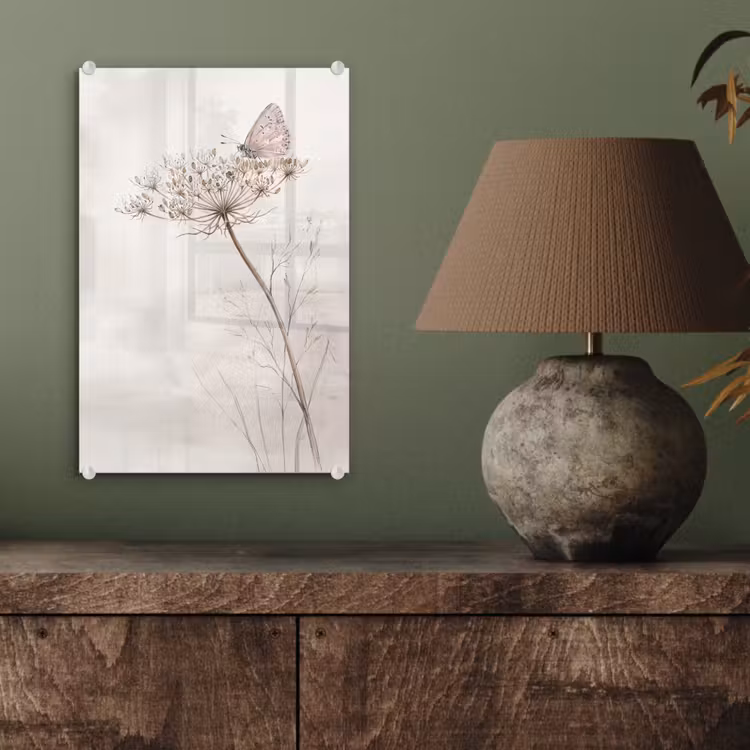 Glas schilderij - Vlinder - Bloem -Natuur - Beige — 4