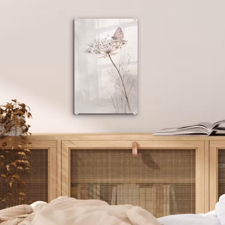 Glas schilderij - Vlinder - Bloem -Natuur - Beige — 5
