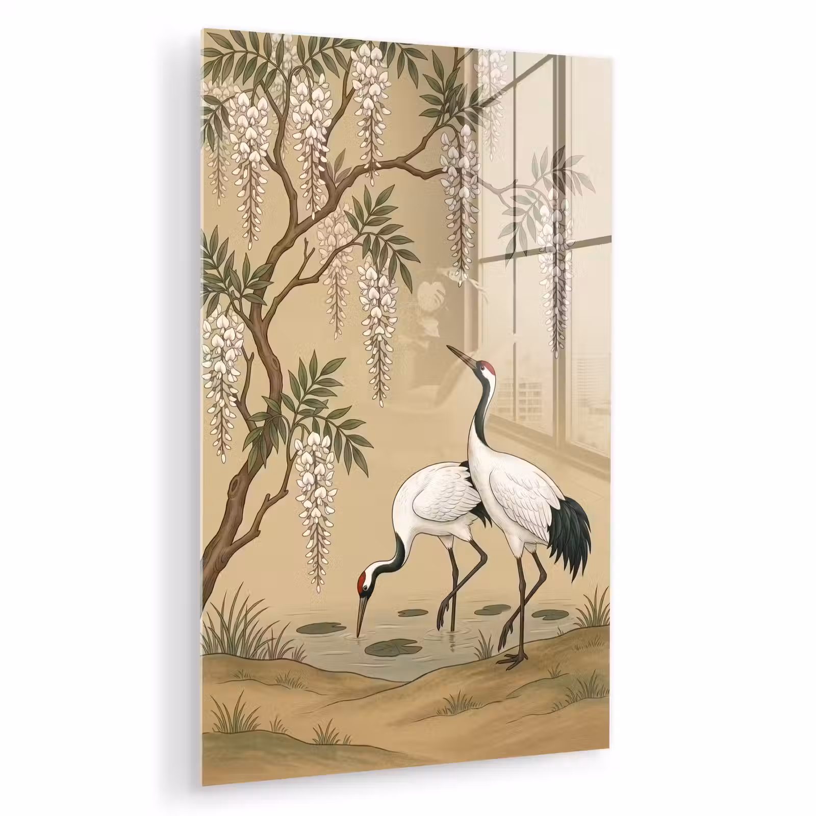 Glas schilderij - Kraanvogels - Water - Beige — 1