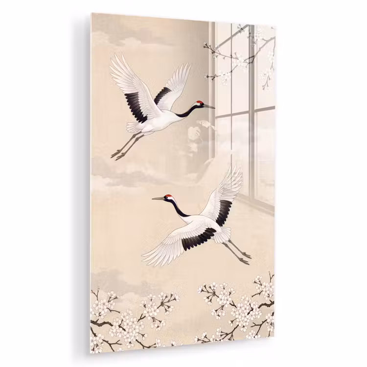 Glas schilderij - Kraanvogels - Bloesem - Beige — 1