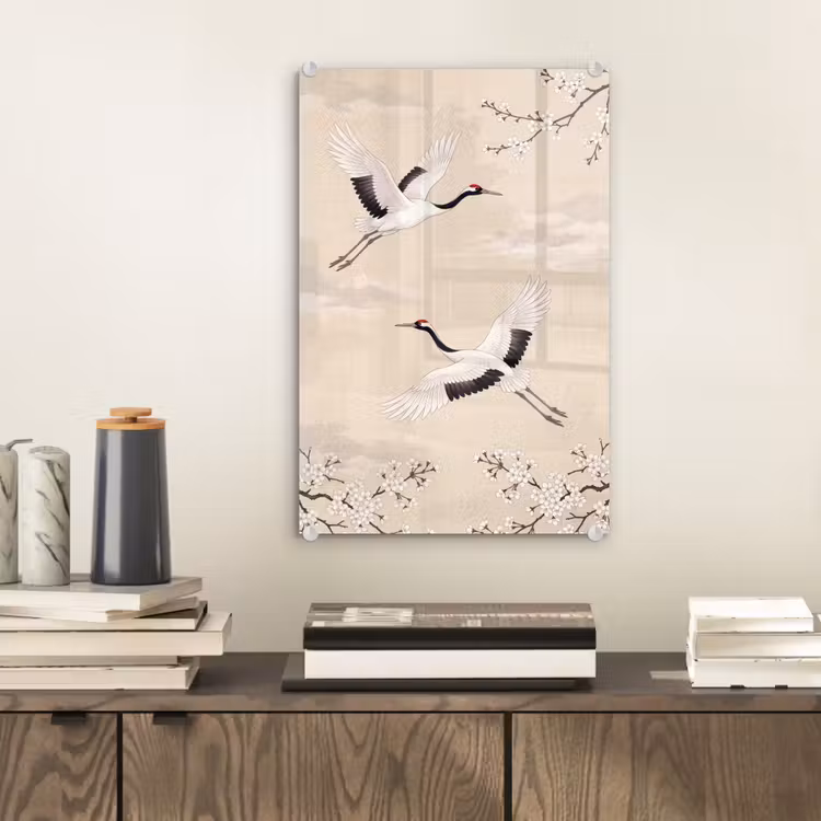 Glas schilderij - Kraanvogels - Bloesem - Beige — 2