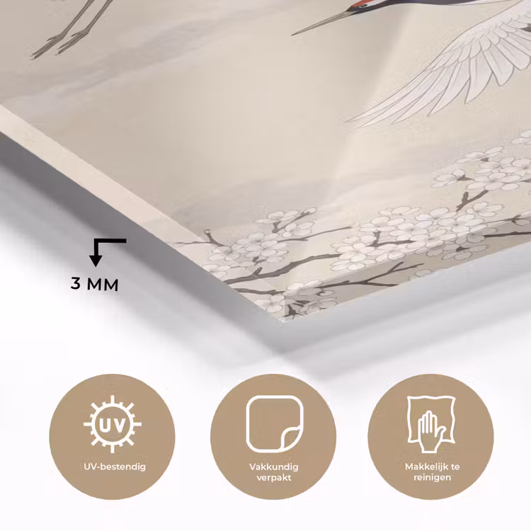 Glas schilderij - Kraanvogels - Bloesem - Beige — 3