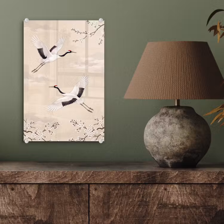 Glas schilderij - Kraanvogels - Bloesem - Beige — 4