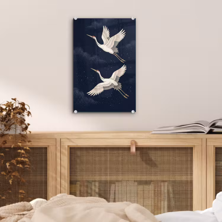 Glas schilderij - Kraanvogels - Nachthemel - Blauw — 5